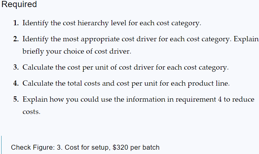  Required 1. Identify the cost hierarchy level for each cost category.