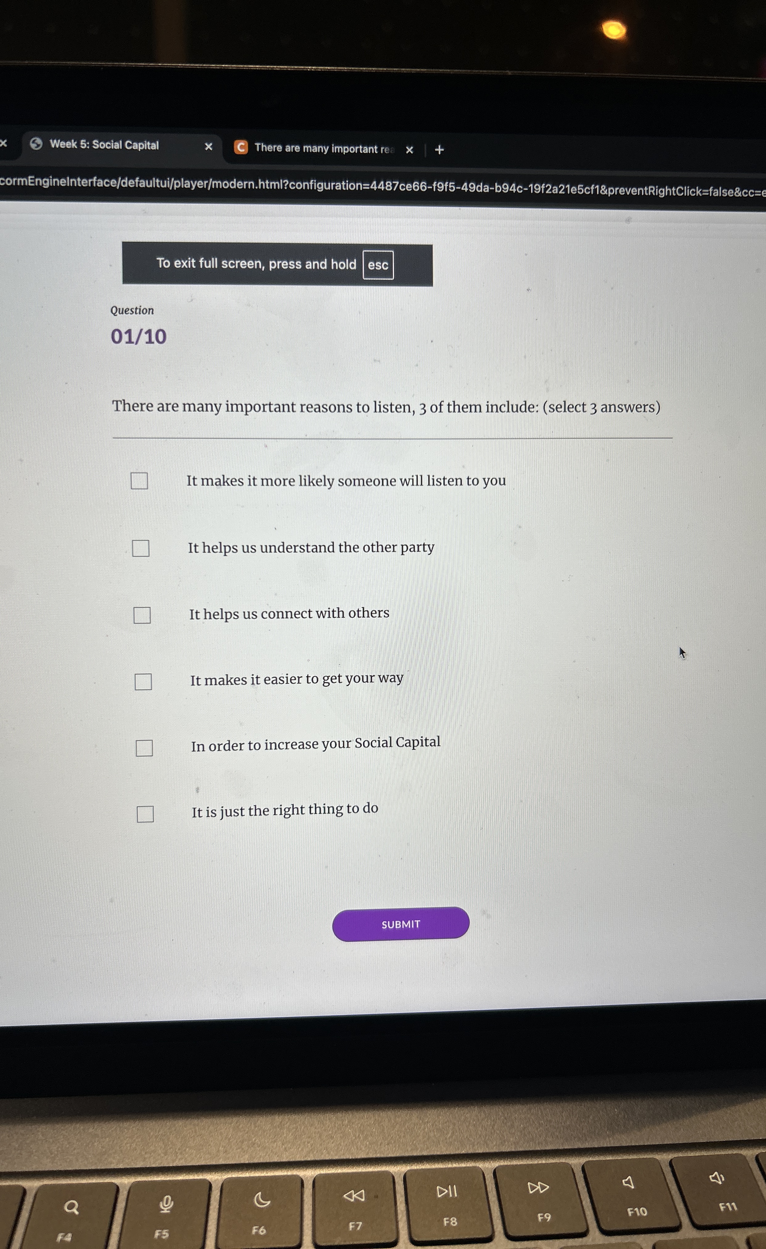  To exit full screen, press and hold esc Question 01/10 There