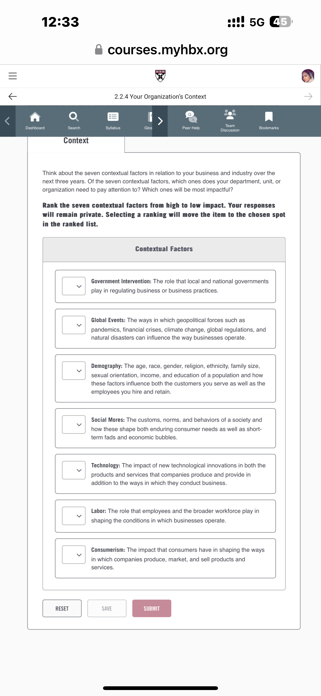  12:33 ::!!5G courses.myhbx.org 2.2.4 Your Organization's Context Think about the seven