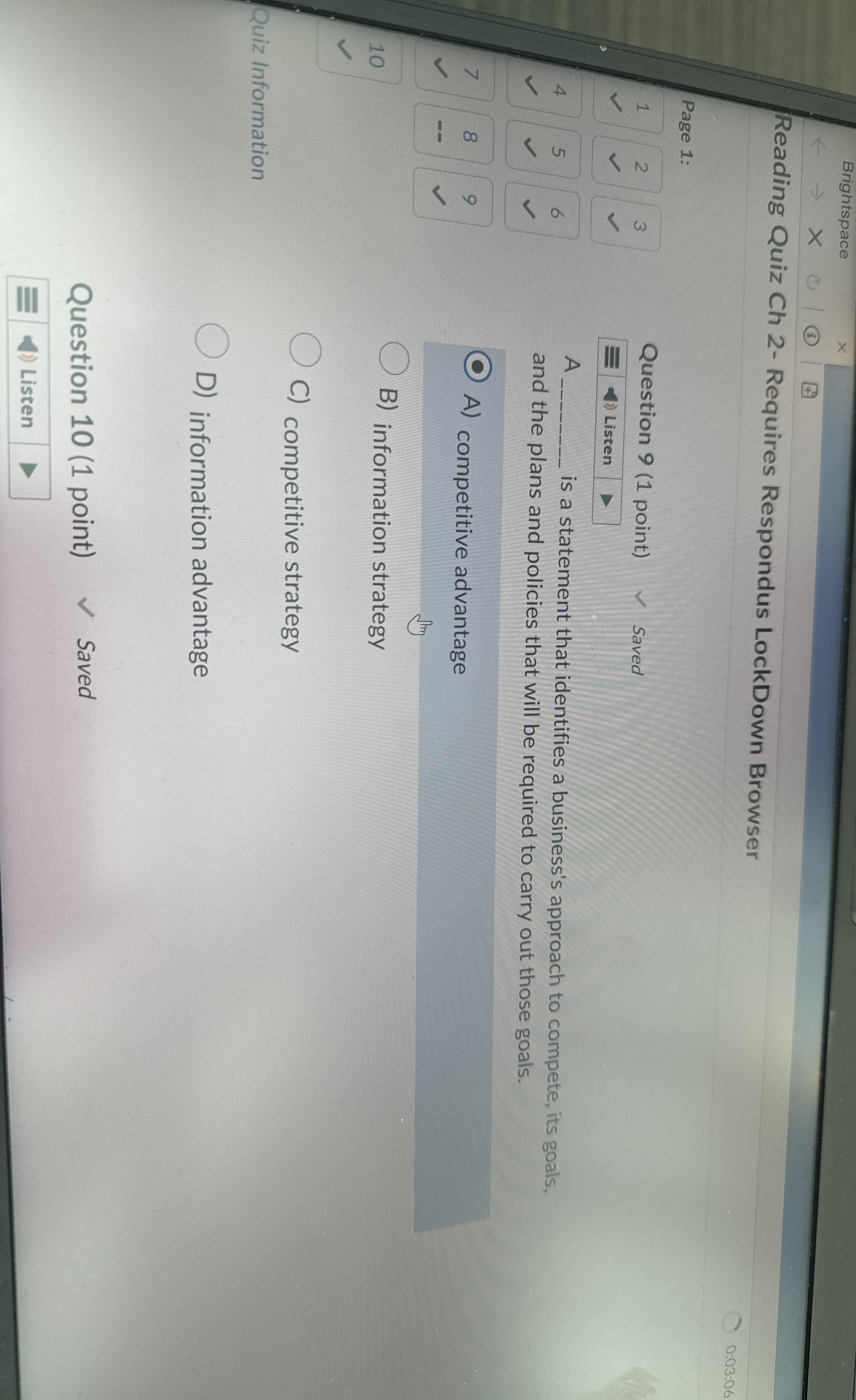  Question 9(1 point) A is a statement that identifies a business's