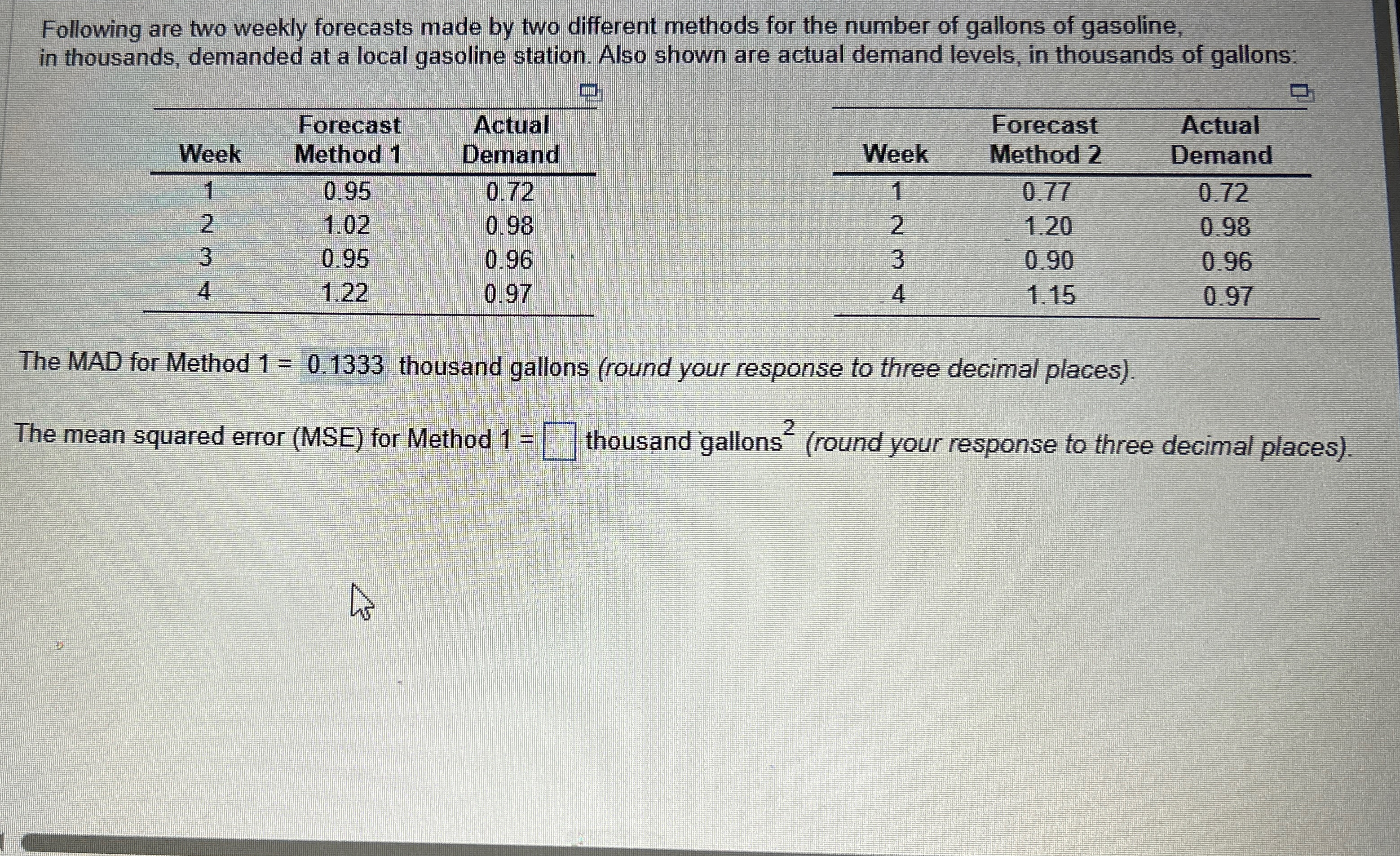  The mean squared error for method 1=? 