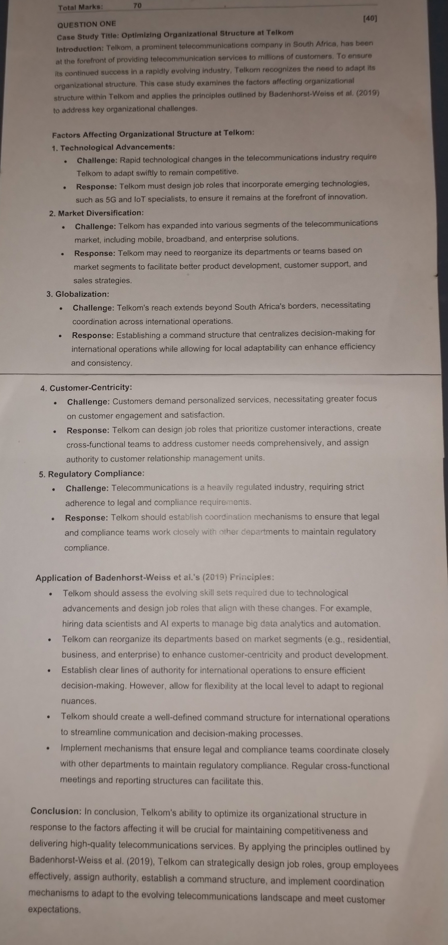  Total Marks: 70 [40] QUESTION ONE Case Study Title: Optimizing Organizational