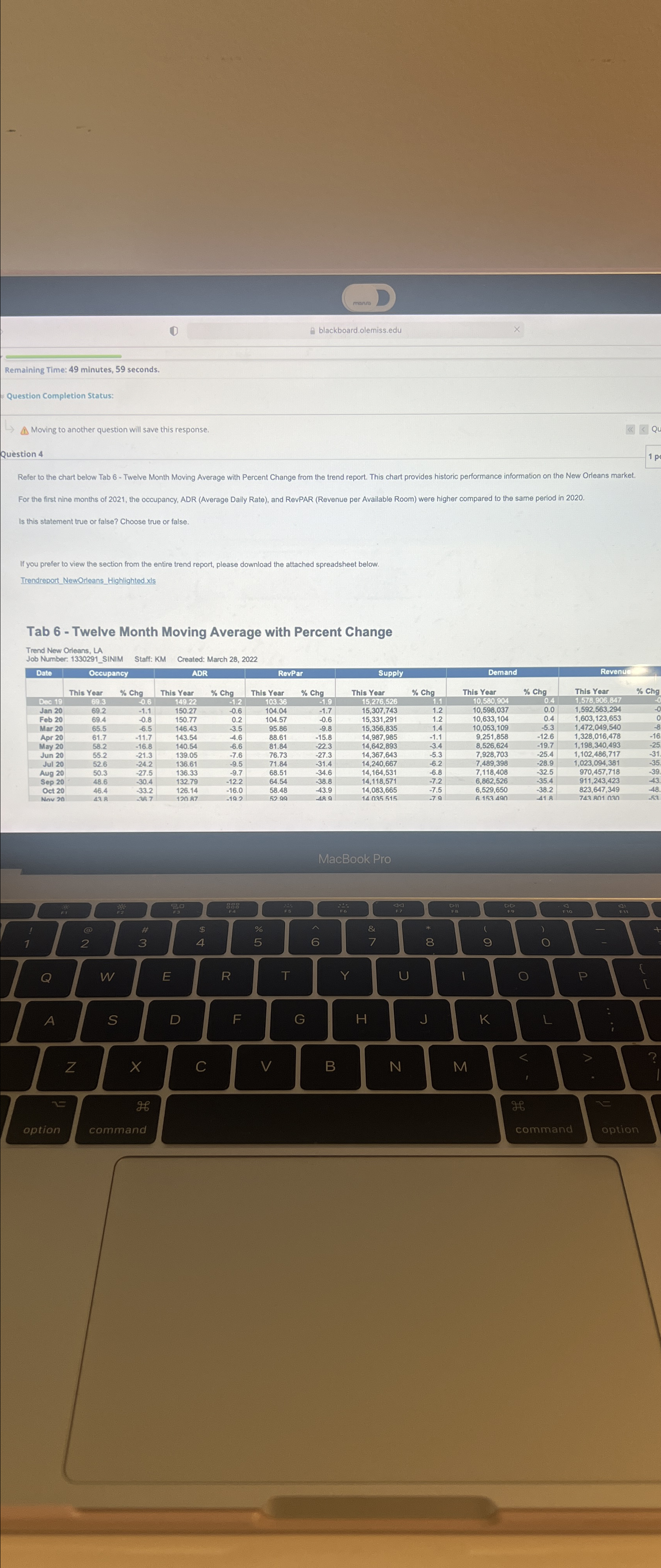  Remaining Time: 49 minutes, 59 seconds. Question Completion Status: A. Moving