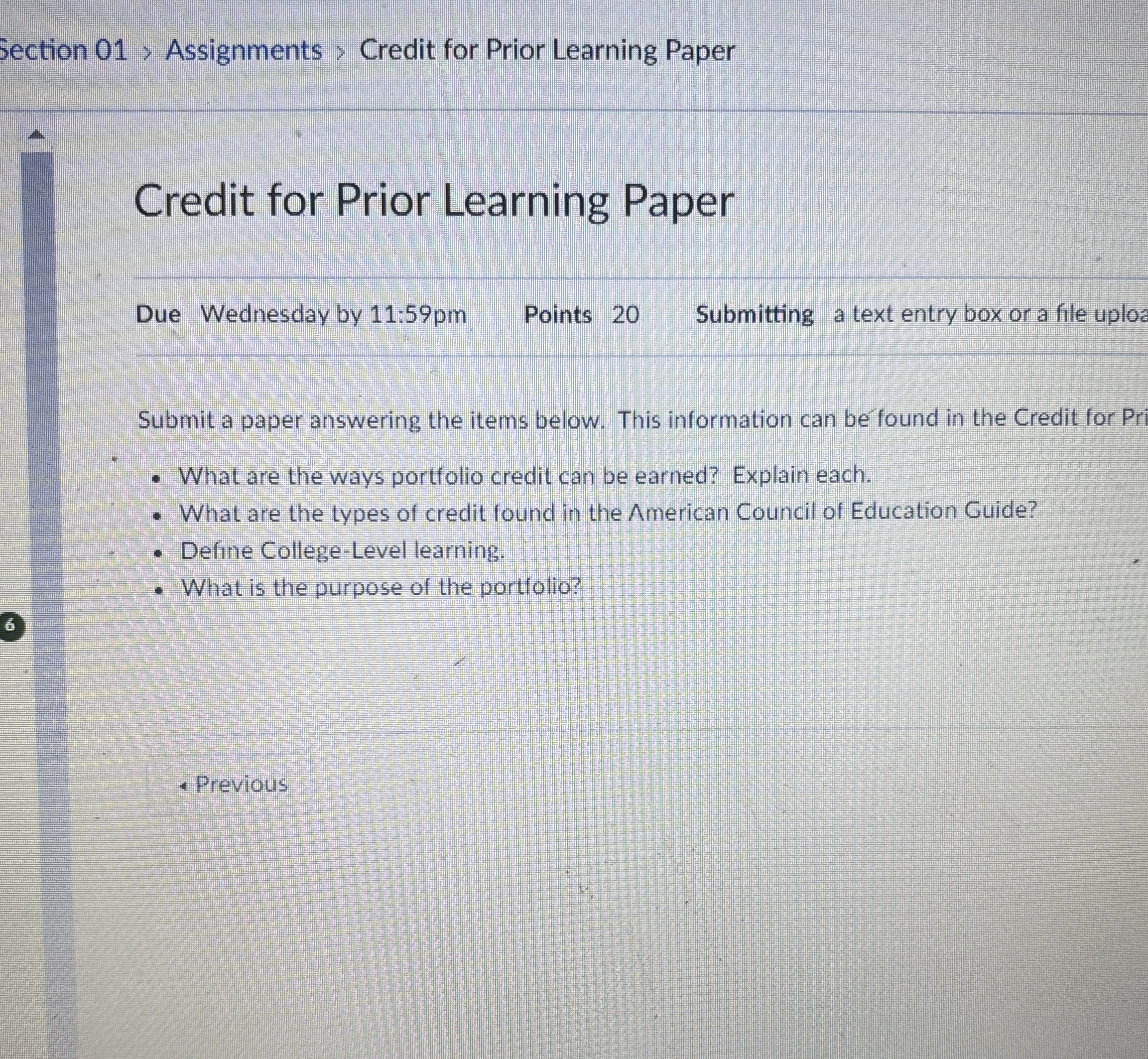  Section 01> Assignments > Credit for Prior Learning Paper Credit for