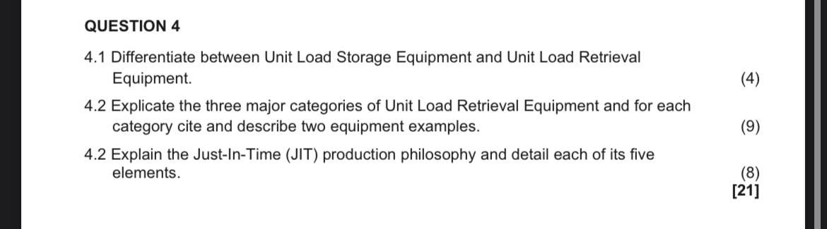  QUESTION 4 4.1 Differentiate between Unit Load Storage Equipment and Unit