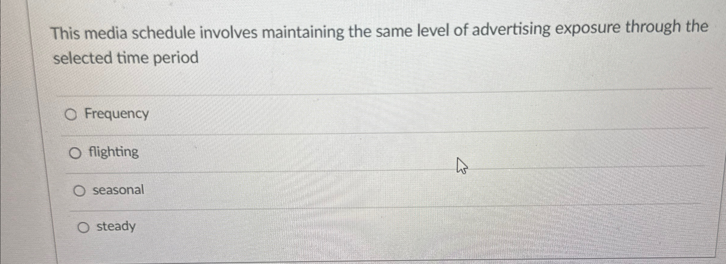  This media schedule involves maintaining the same level of advertising exposure