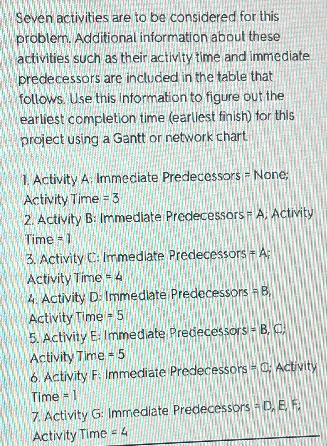  Seven activities are to be considered for this problem. Additional information