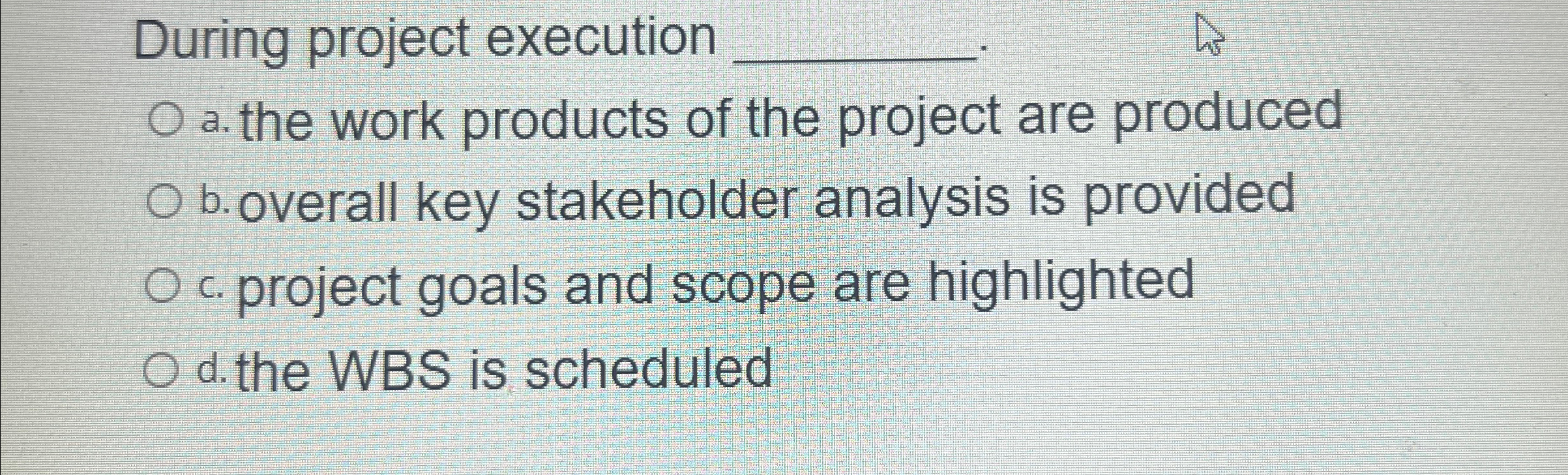  During project execution q, a. the work products of the project