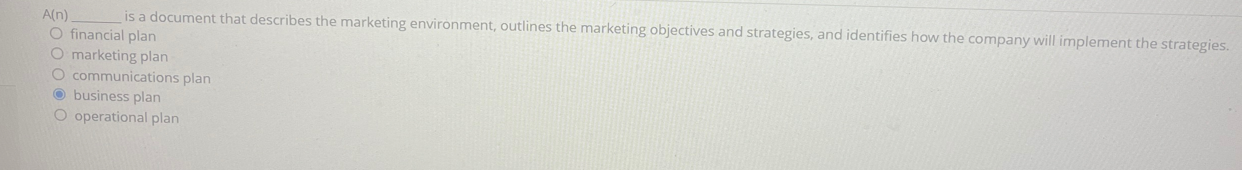  A(n)q, is a document that describes the marketing environment, outlines the