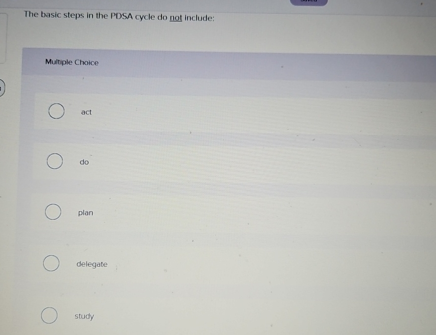  The basic steps in the PDSA cycle do not include: Multiple