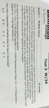  Test 3W24 Section 1- Multiple Choice 15 marks Jaskaran is studying