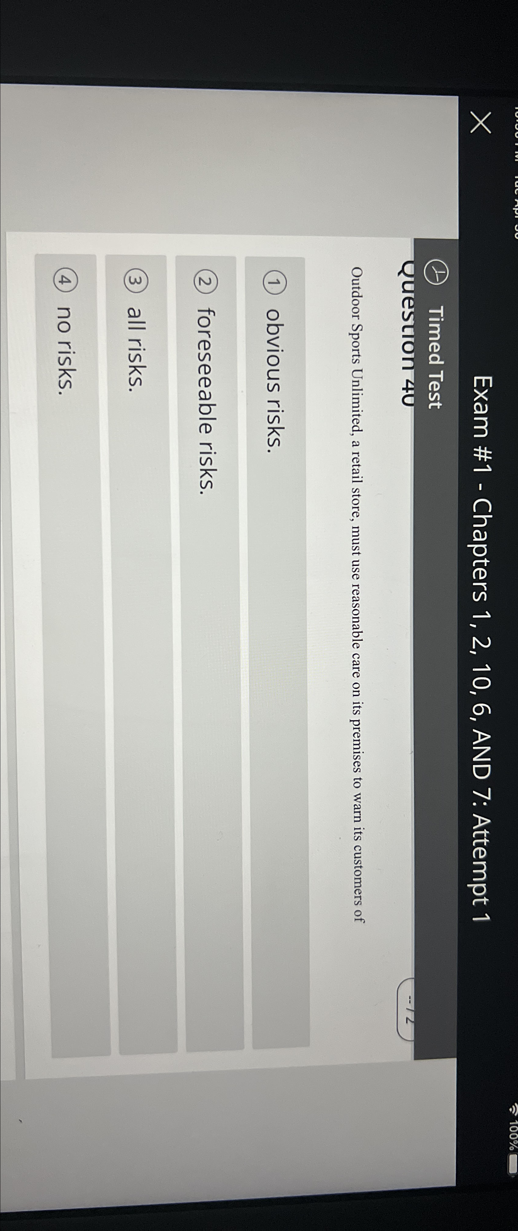  Exam #1- Chapters 1,2,10,6, AND 7: Attempt 1 Timed Test Outdoor