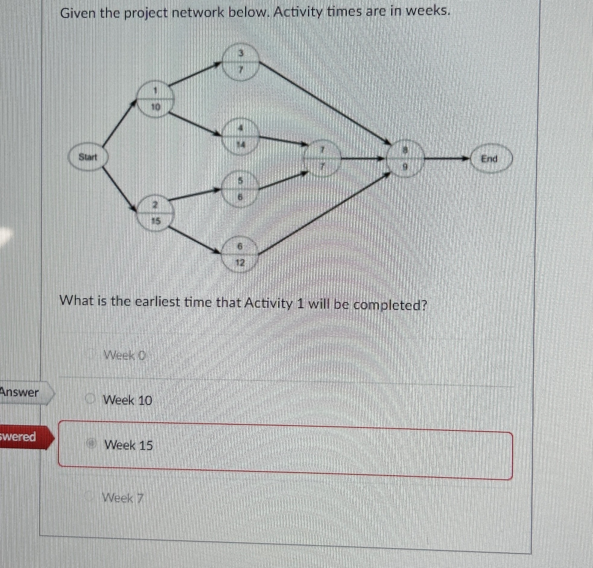 Given the project network below. Activity times are in weeks. What