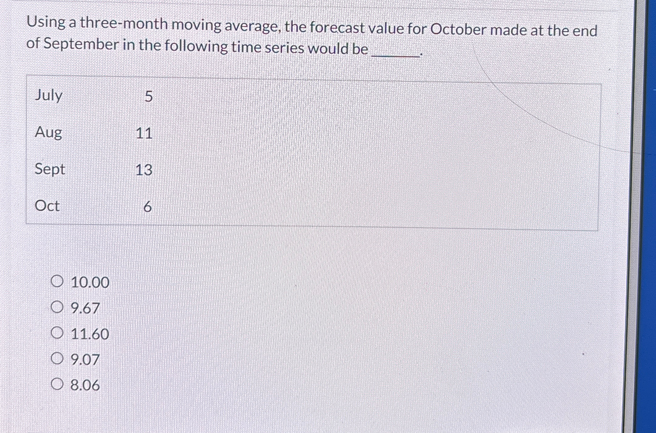  Using a three-month moving average, the forecast value for October made