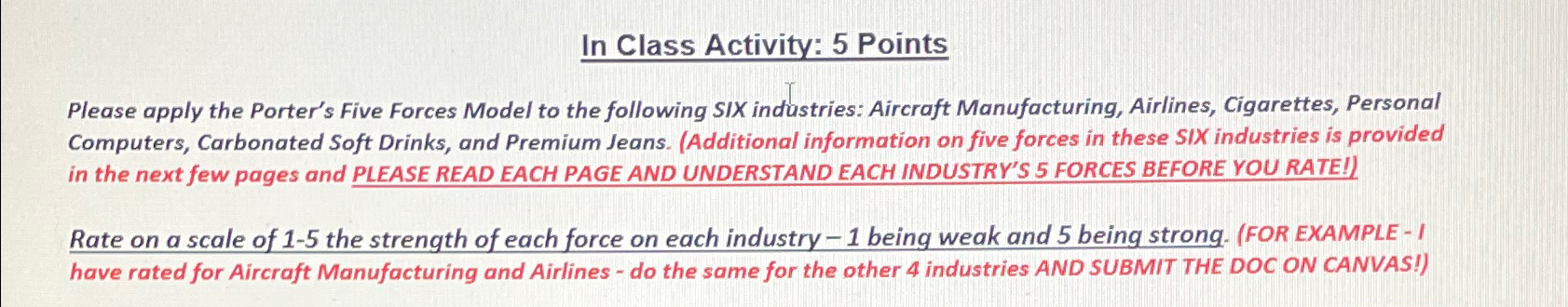  In Class Activity: 5 Points Please apply the Porter's Five Forces