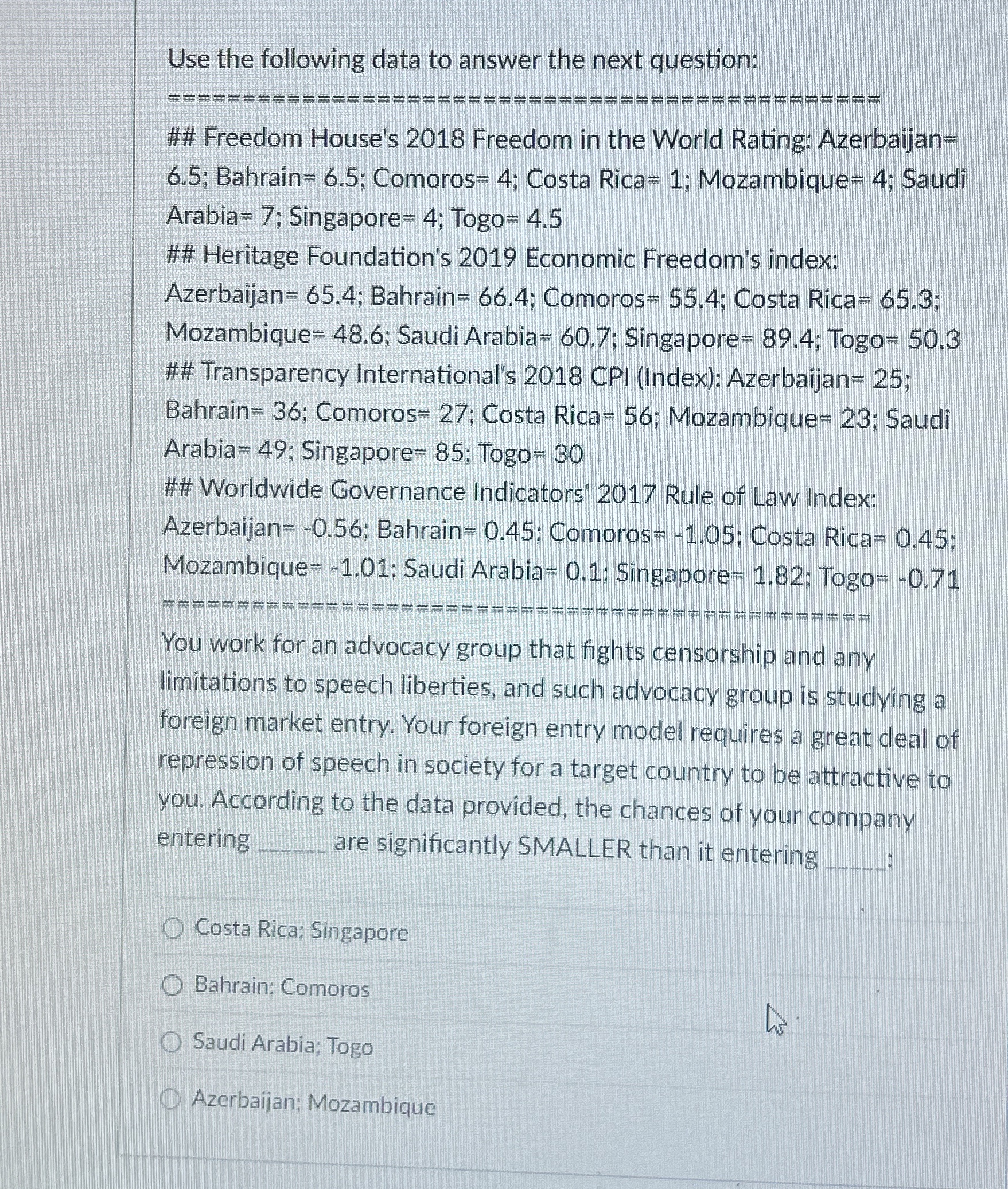  Use the following data to answer the next question: ## Freedom