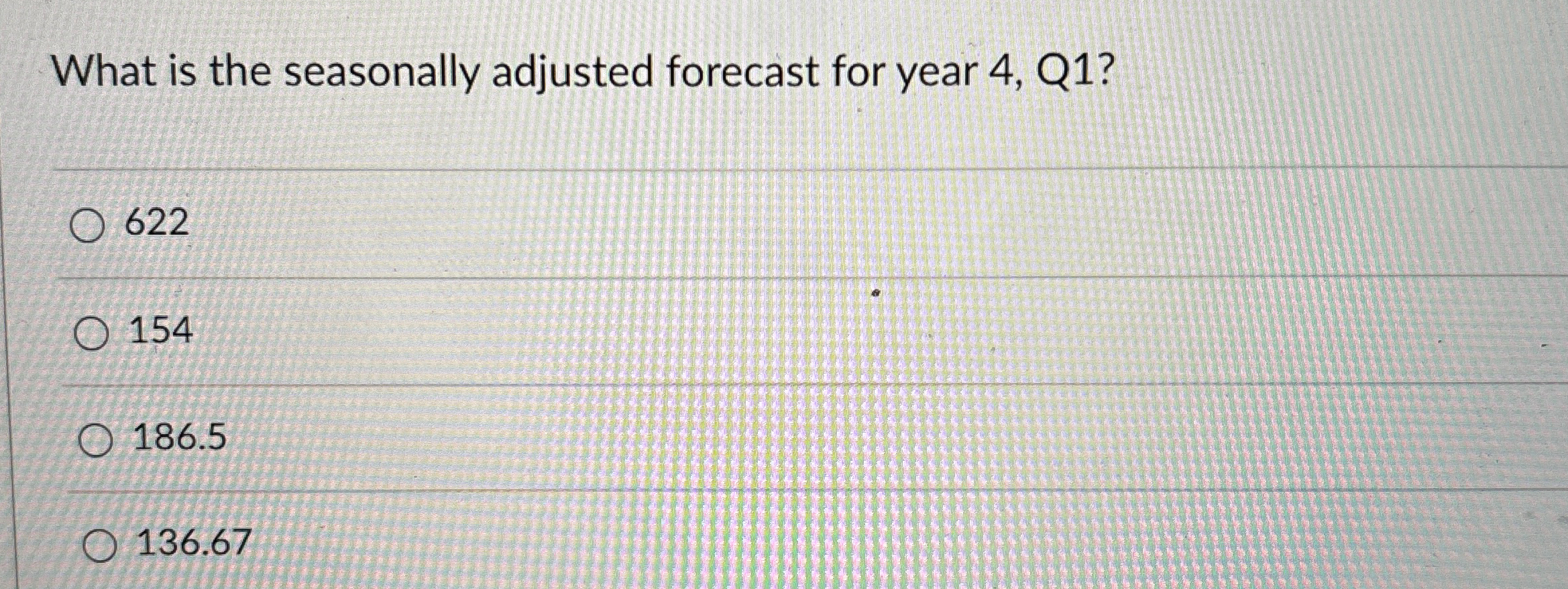  Given the following demand data \table[[Year,Quarter,Demand],[1,1,105],[,2,150],[,3,93],[,4,121],[2,1,140],[,2,170],[,3,105],[,4,150],[3,1,200],[,2,170],[,3,110],[,4,130]] What is the seasonally adjusted