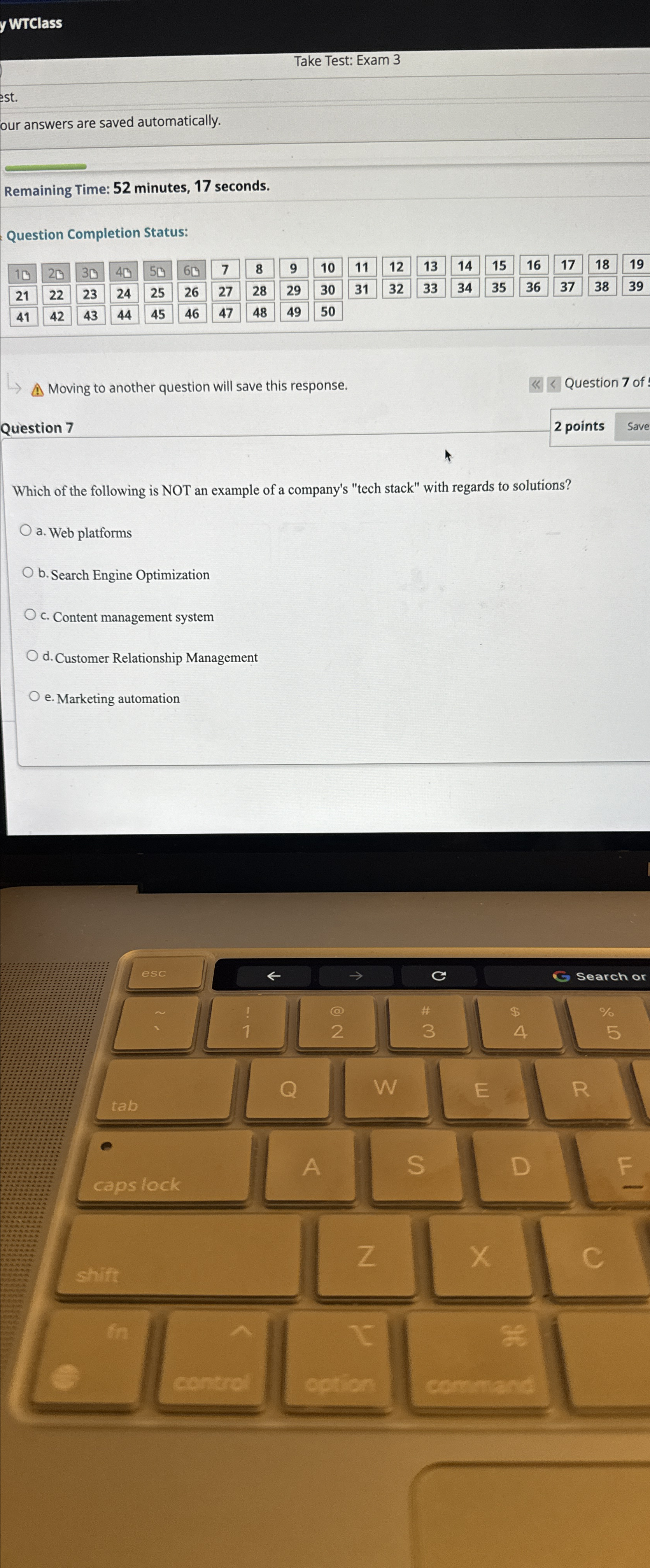  Take Test: Exam 3 est. our answers are saved automatically. Remaining