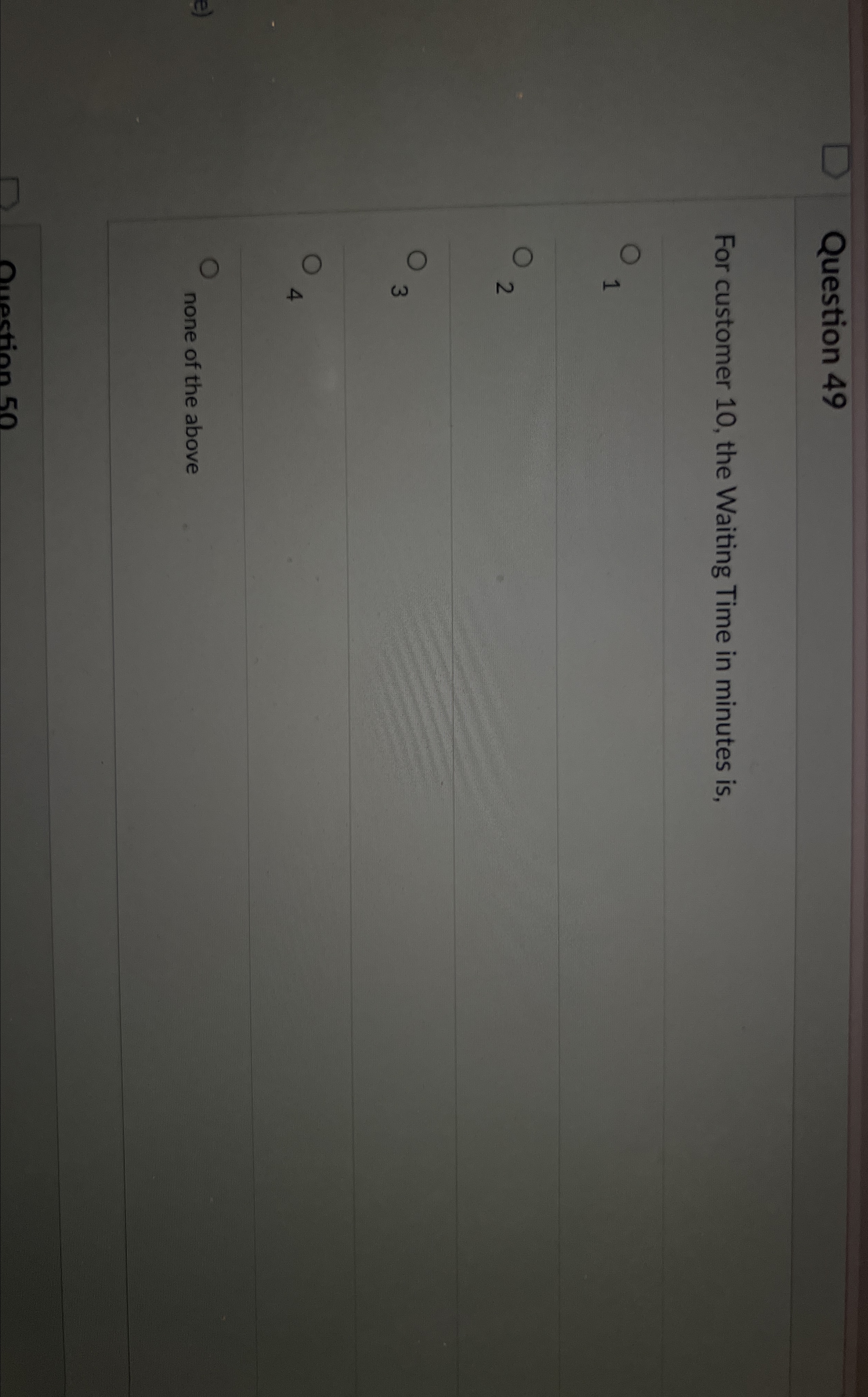  Question 49 For customer 10, the Waiting Time in minutes is,
