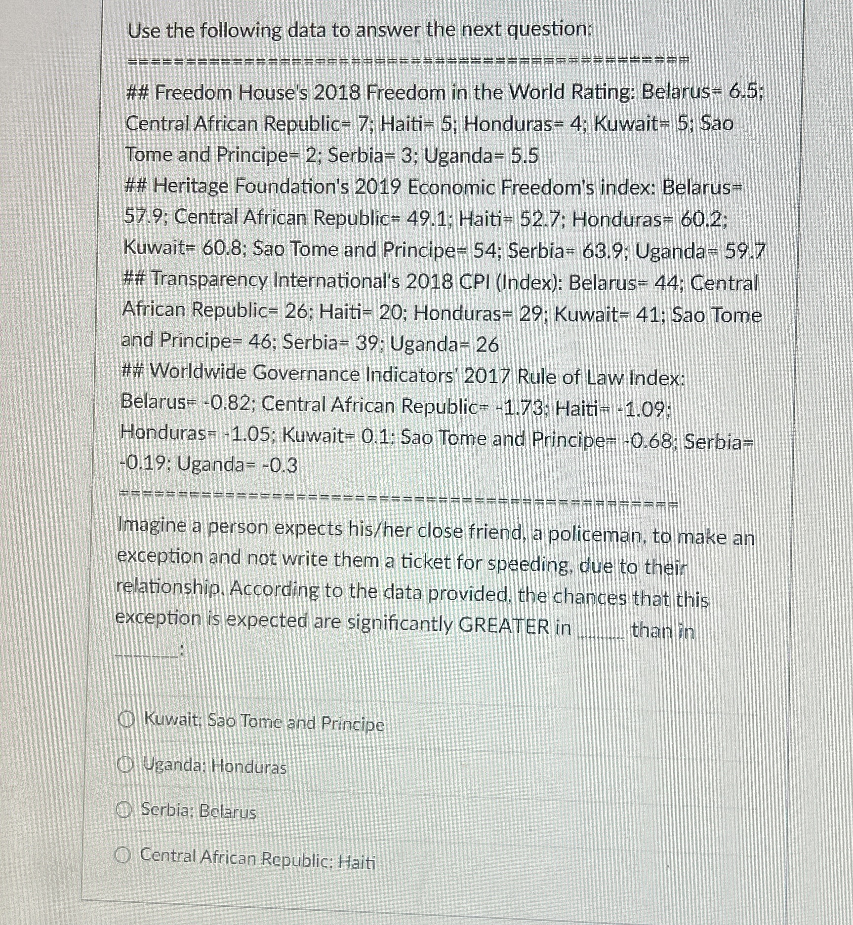  Use the following data to answer the next question: ## Freedom