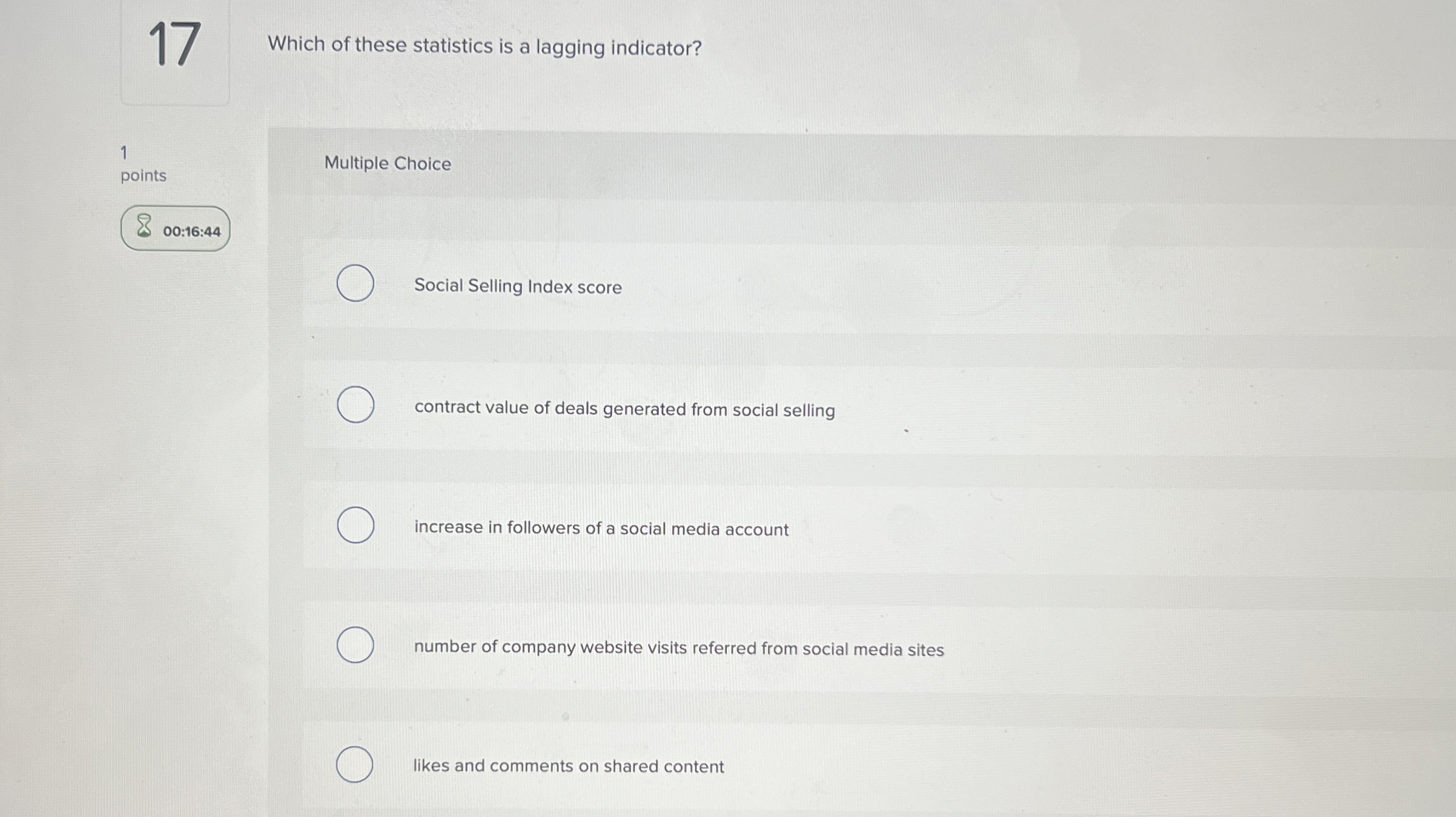  Which of these statistics is a lagging indicator? Multiple Choice Social