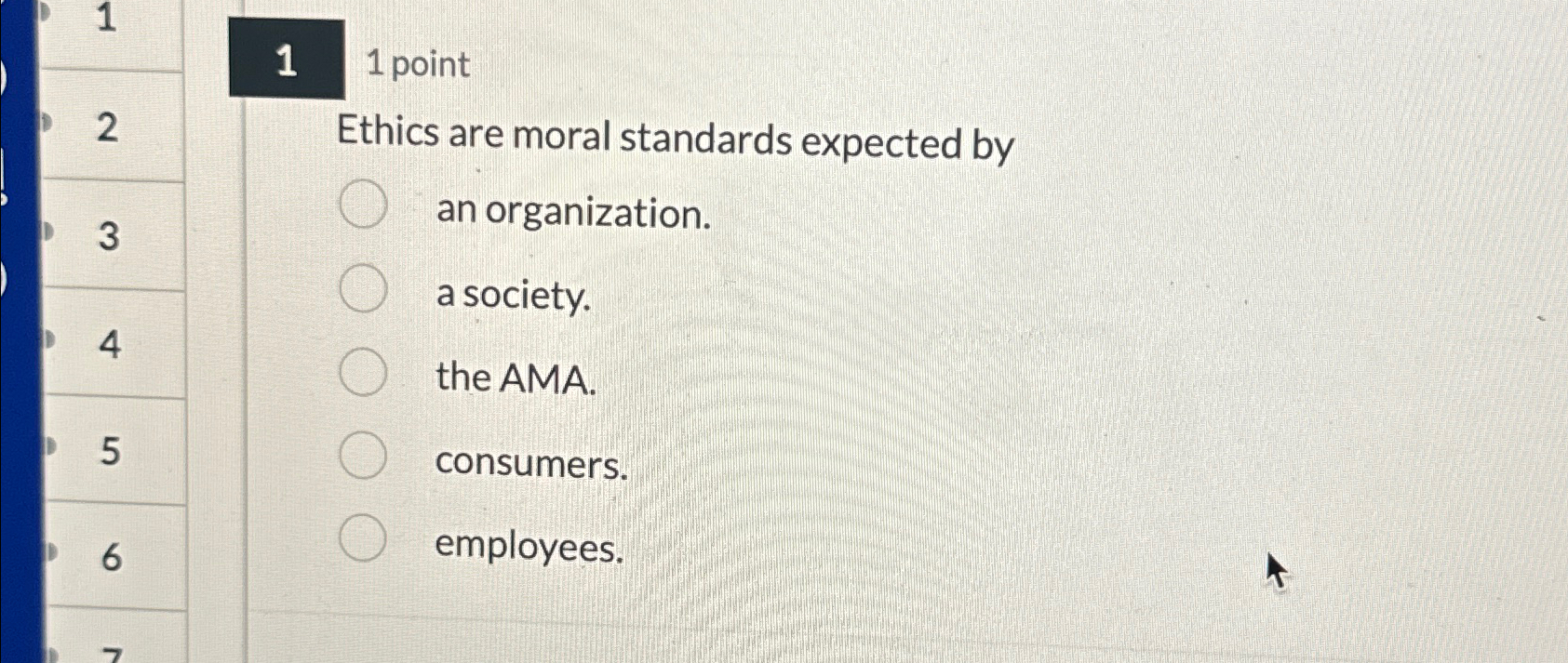  11 point 2 Ethics are moral standards expected by an organization.