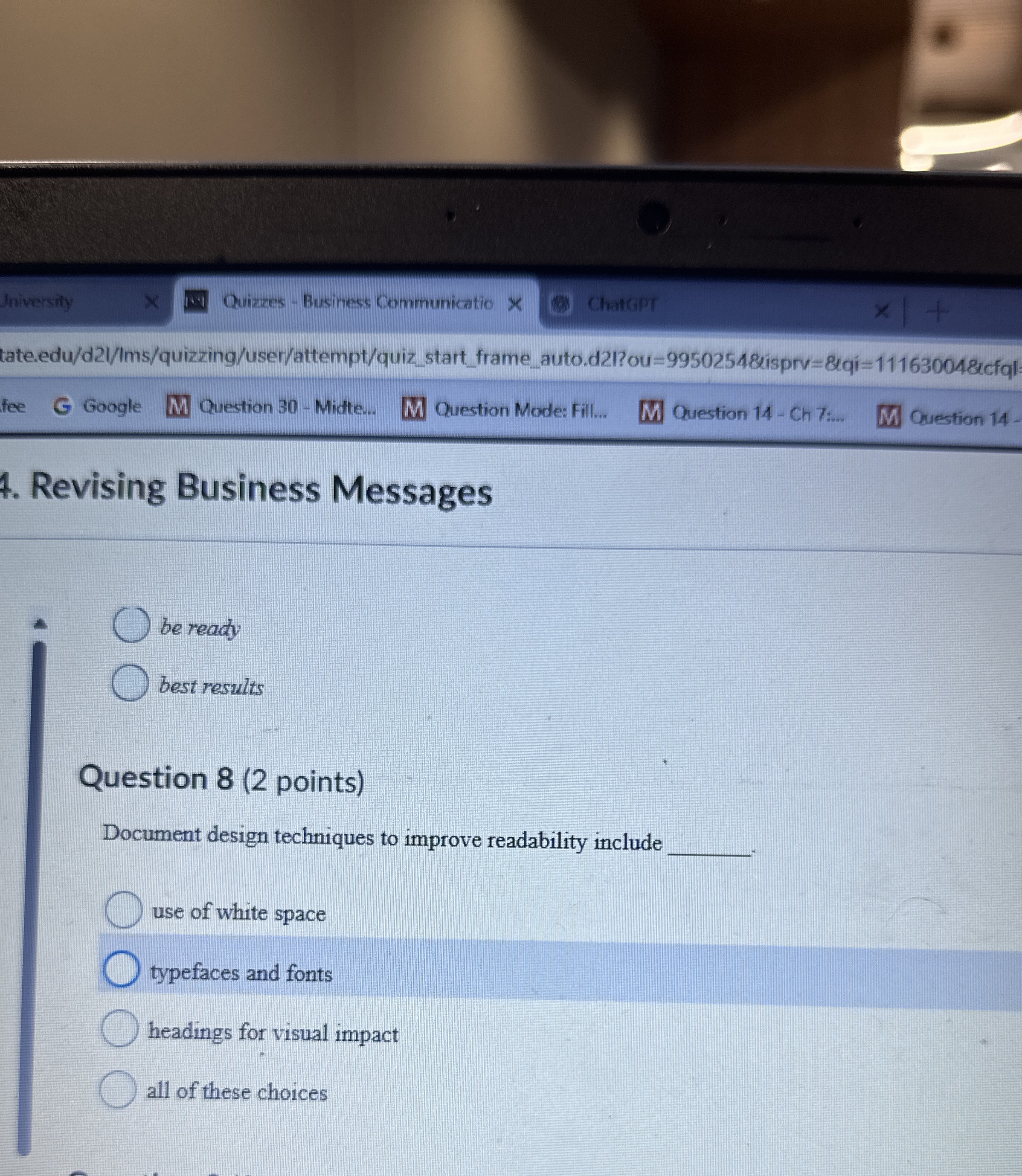  Question 8(2 points) Document design techniques to improve readability include use