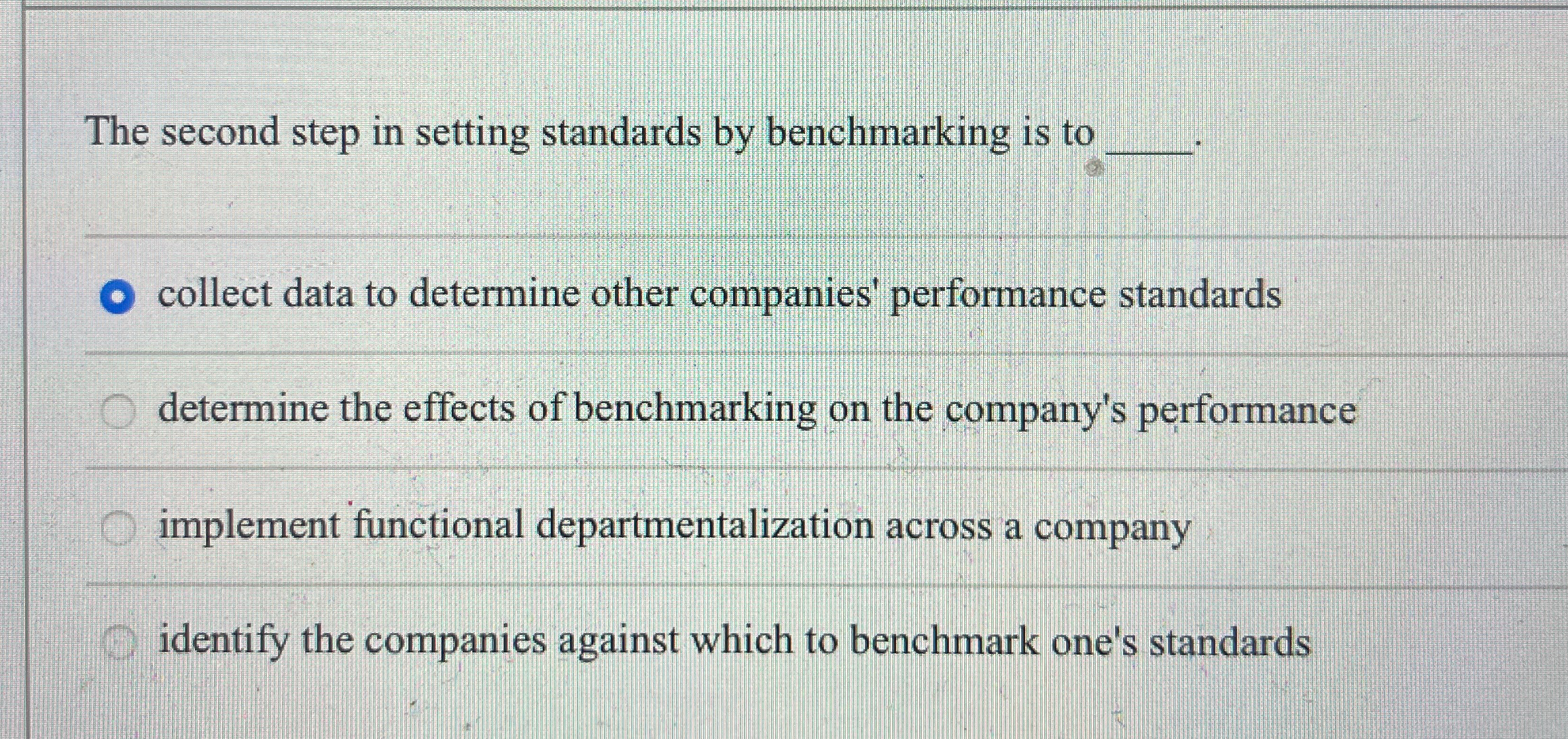  The second step in setting standards by benchmarking is to q,