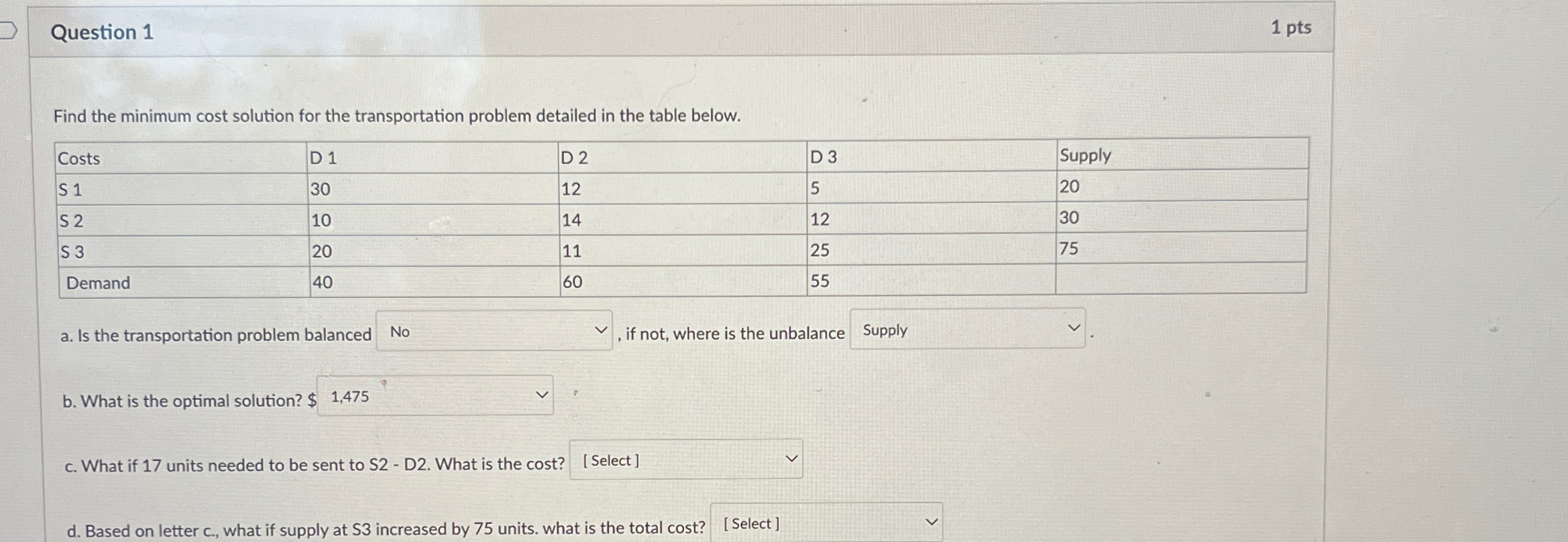  Question 1 1 pts Find the minimum cost solution for the