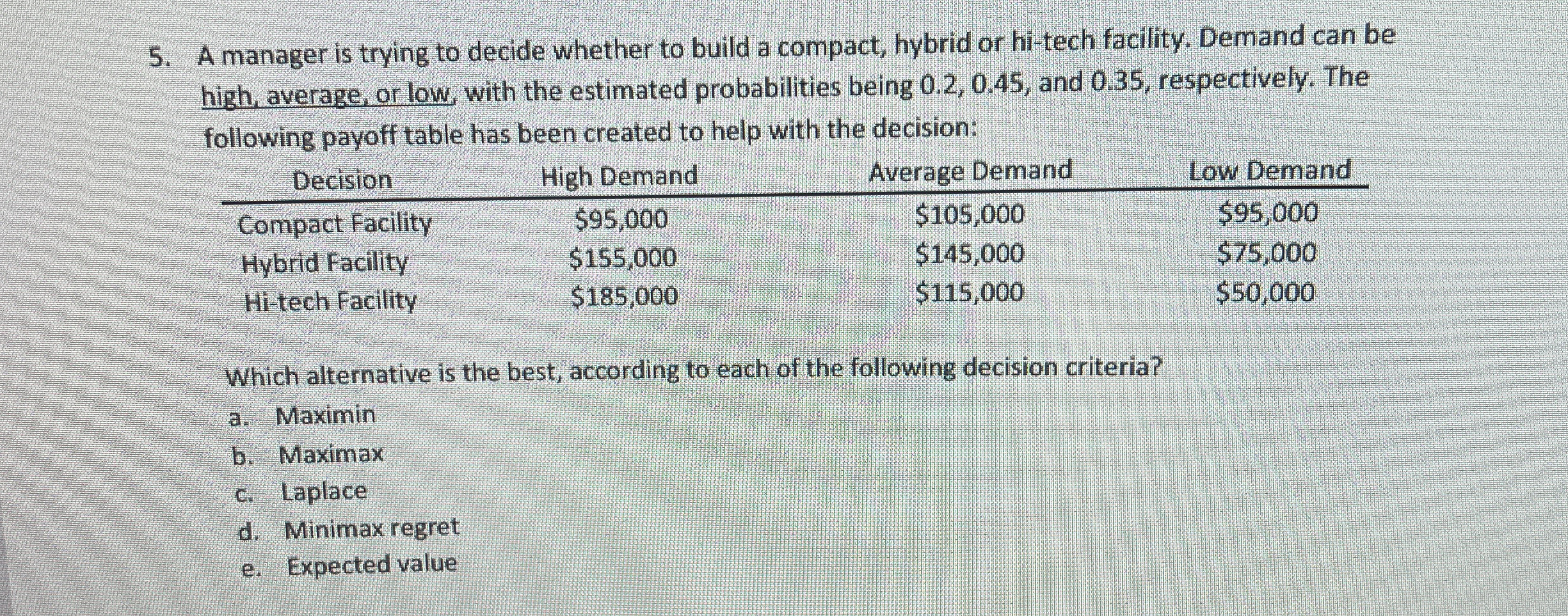  A manager is trying to decide whether to build a compact,