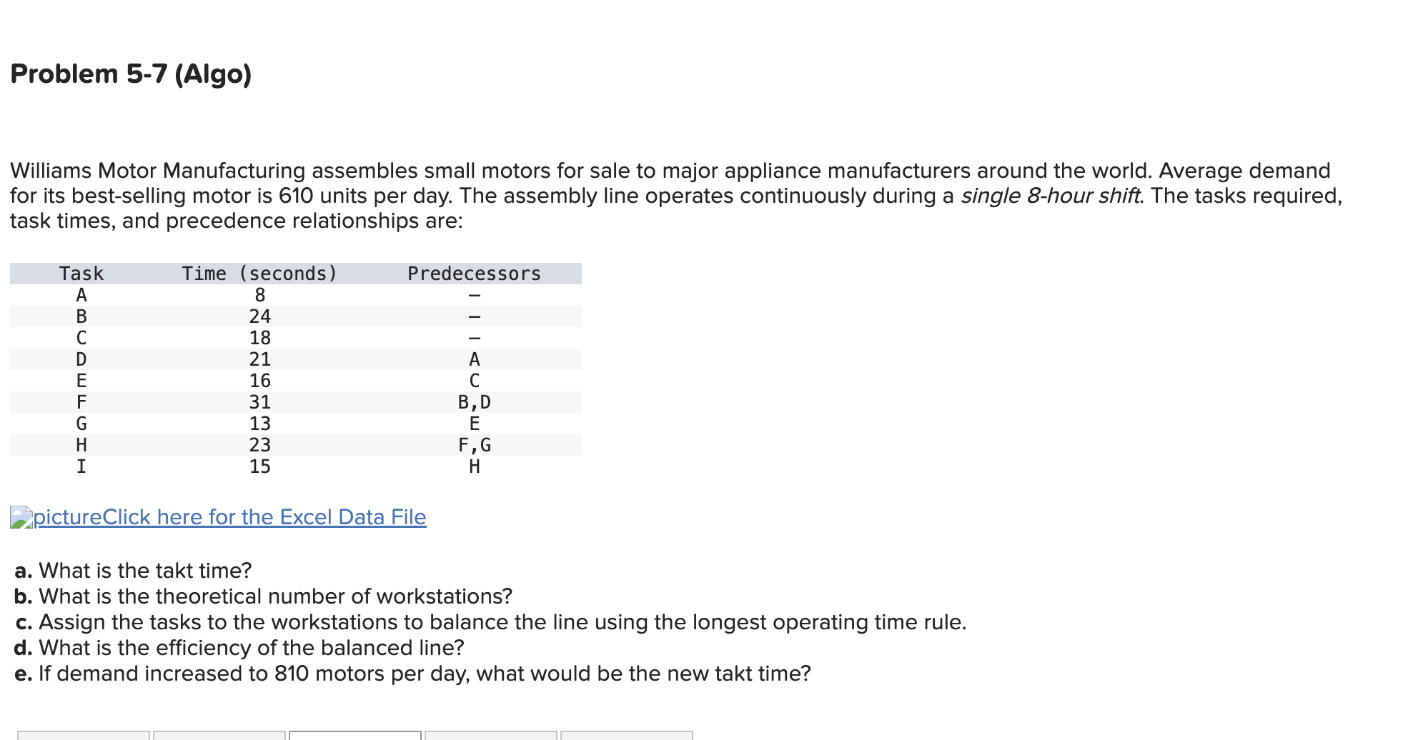  Problem 5-7(Algo) Williams Motor Manufacturing assembles small motors for sale to