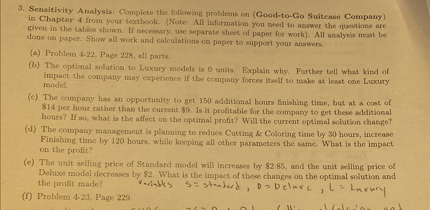  Sensitivity Analysis: Complete the following problems on (Good-to-Go Suitcase Company) in