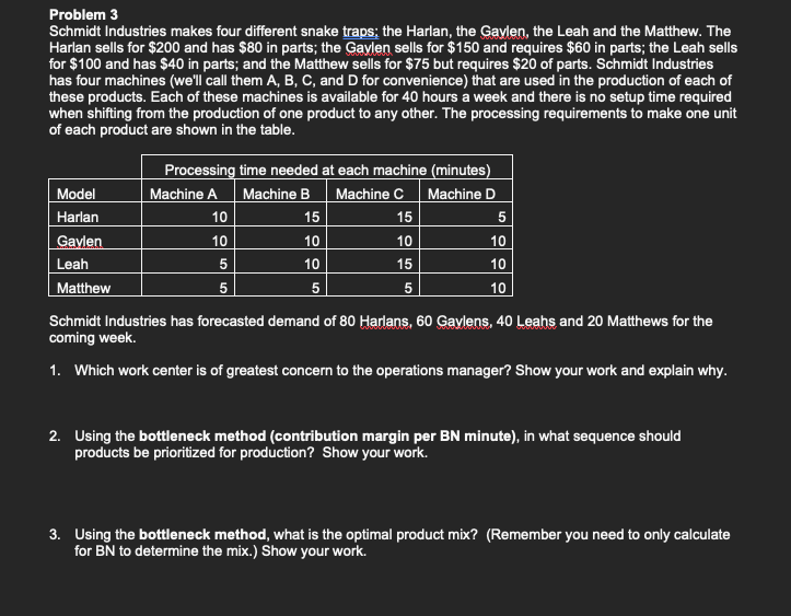  Problem 3 Schmidt Industries makes four different snake traps; the Harlan,