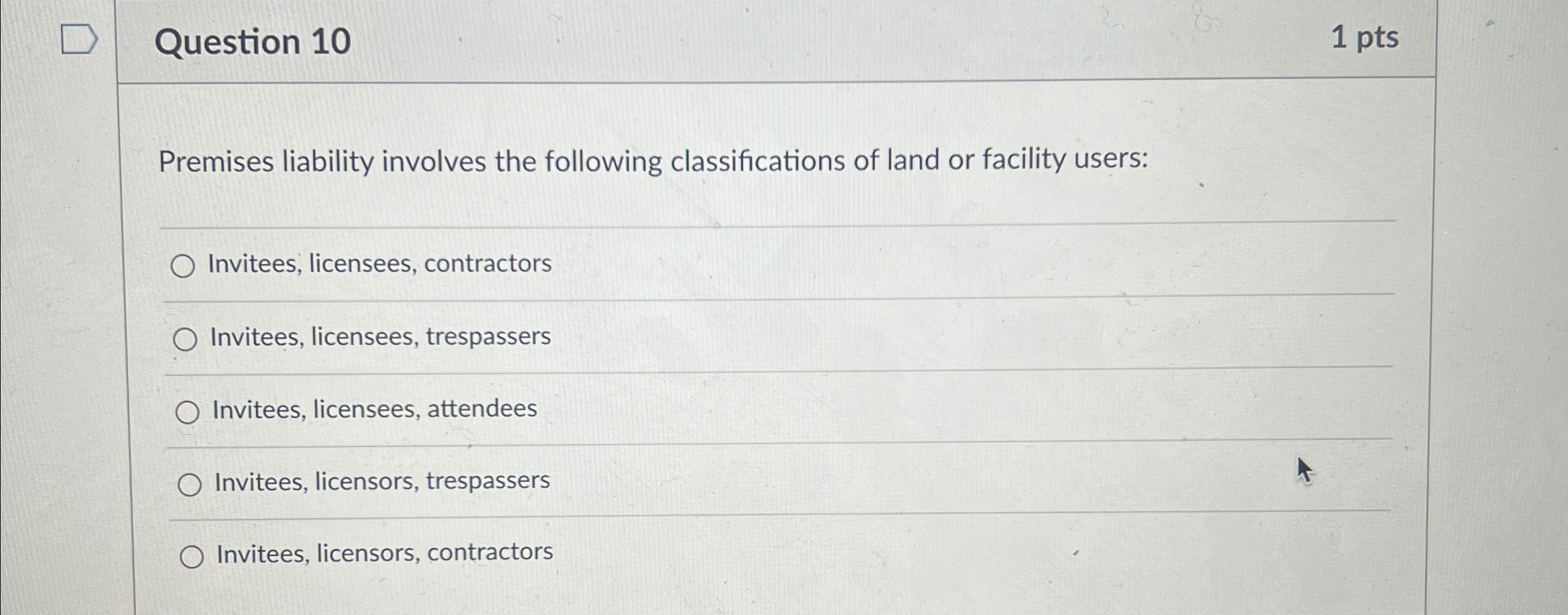  Question 10 1pts Premises liability involves the following classifications of land