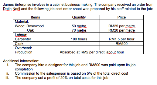 HELP THIS QUESTION PLEASE James Enterprise involves in a cabinet business making.