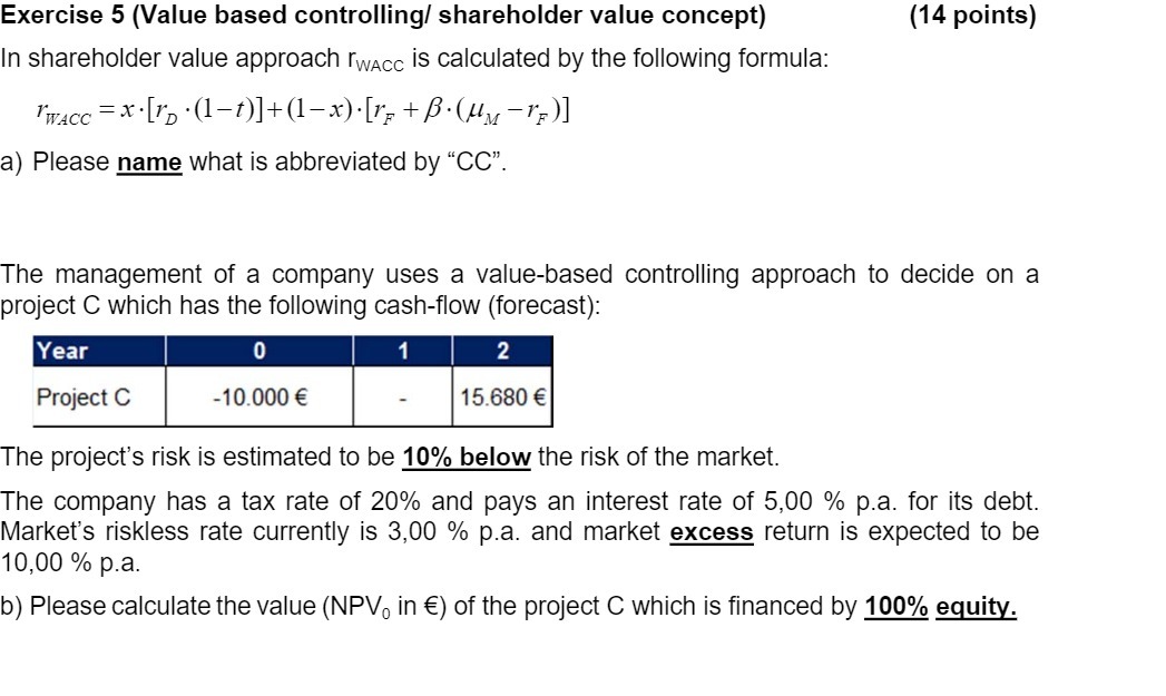  Exercise 5 (Value based controlling! shareholder value concept) (14 points) In