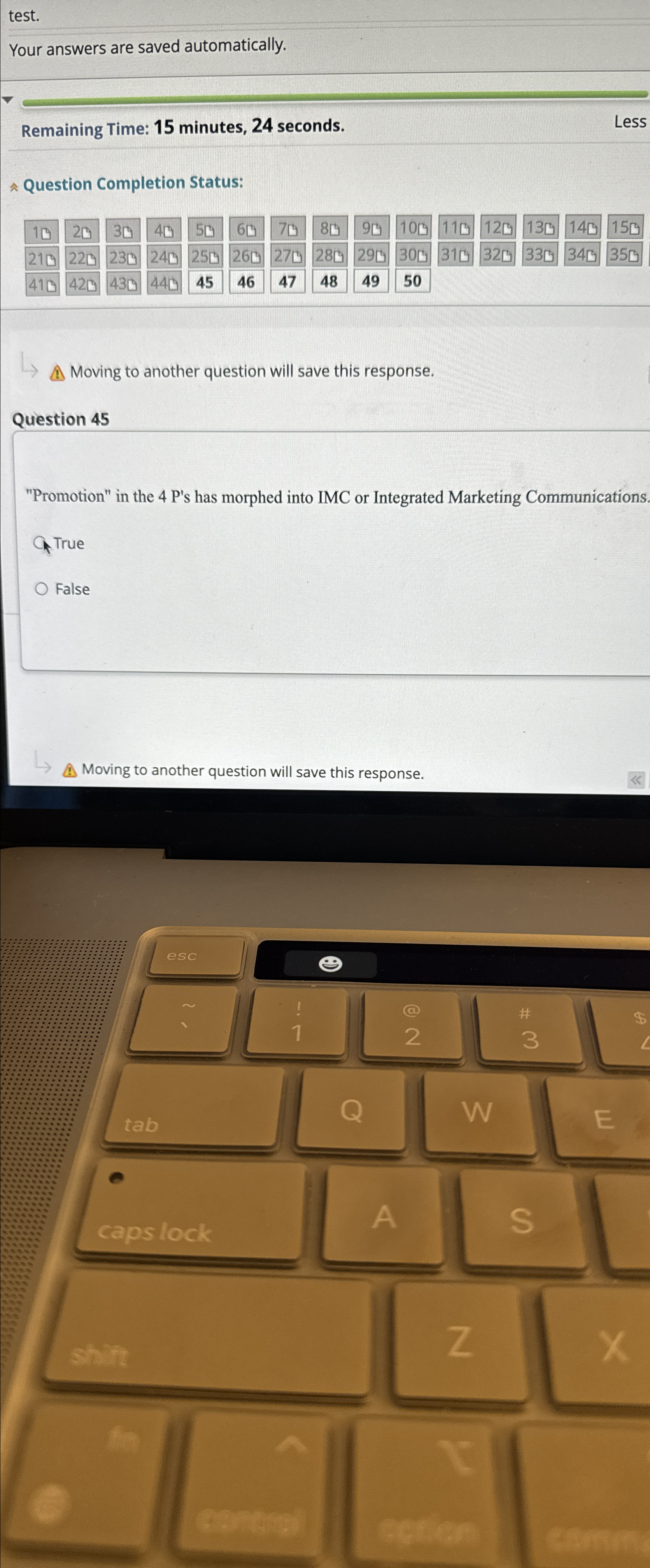  test. Your answers are saved automatically. Remaining Time: 15 minutes, 24