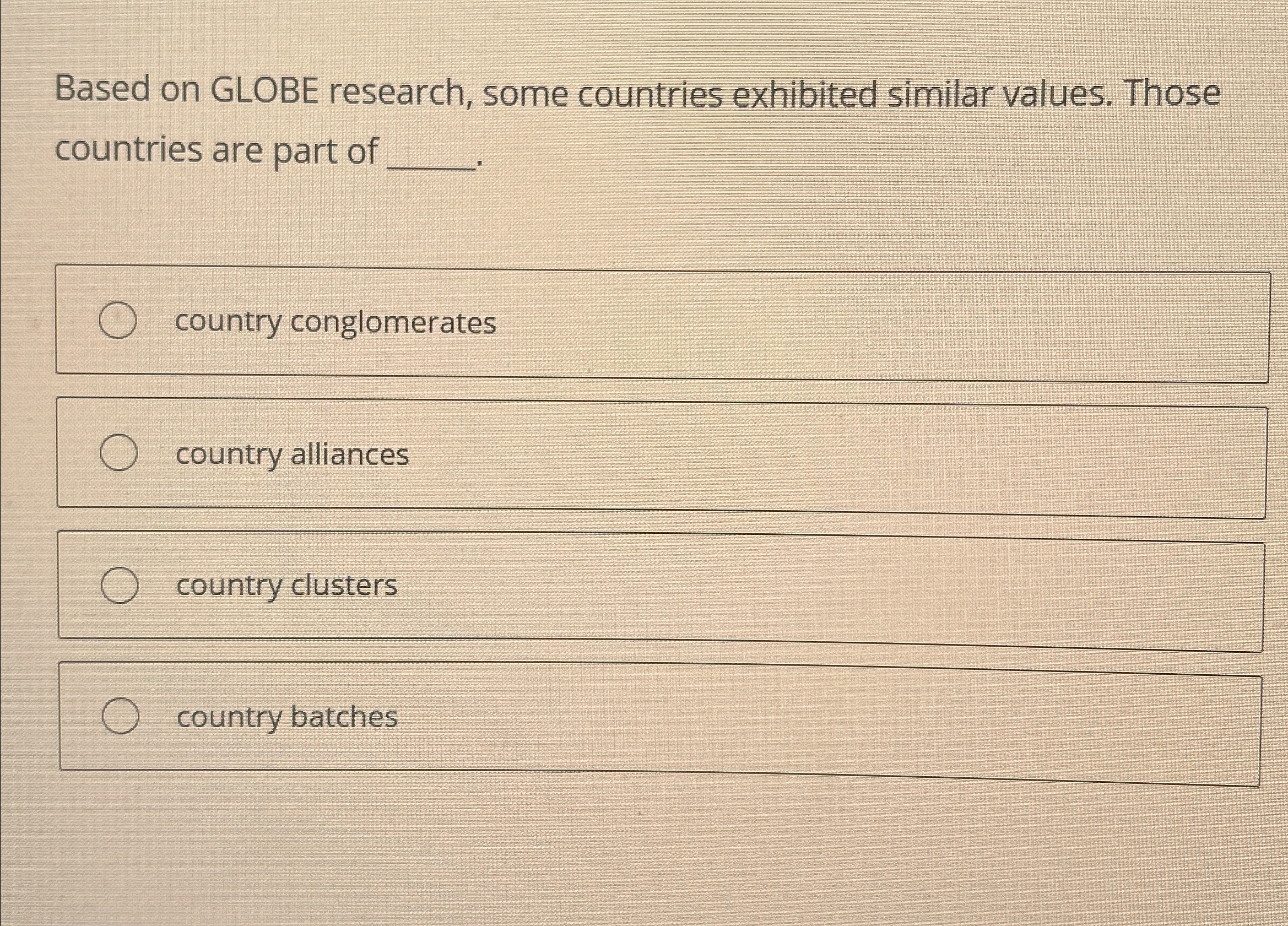  Based on GLOBE research, some countries exhibited similar values. Those countries
