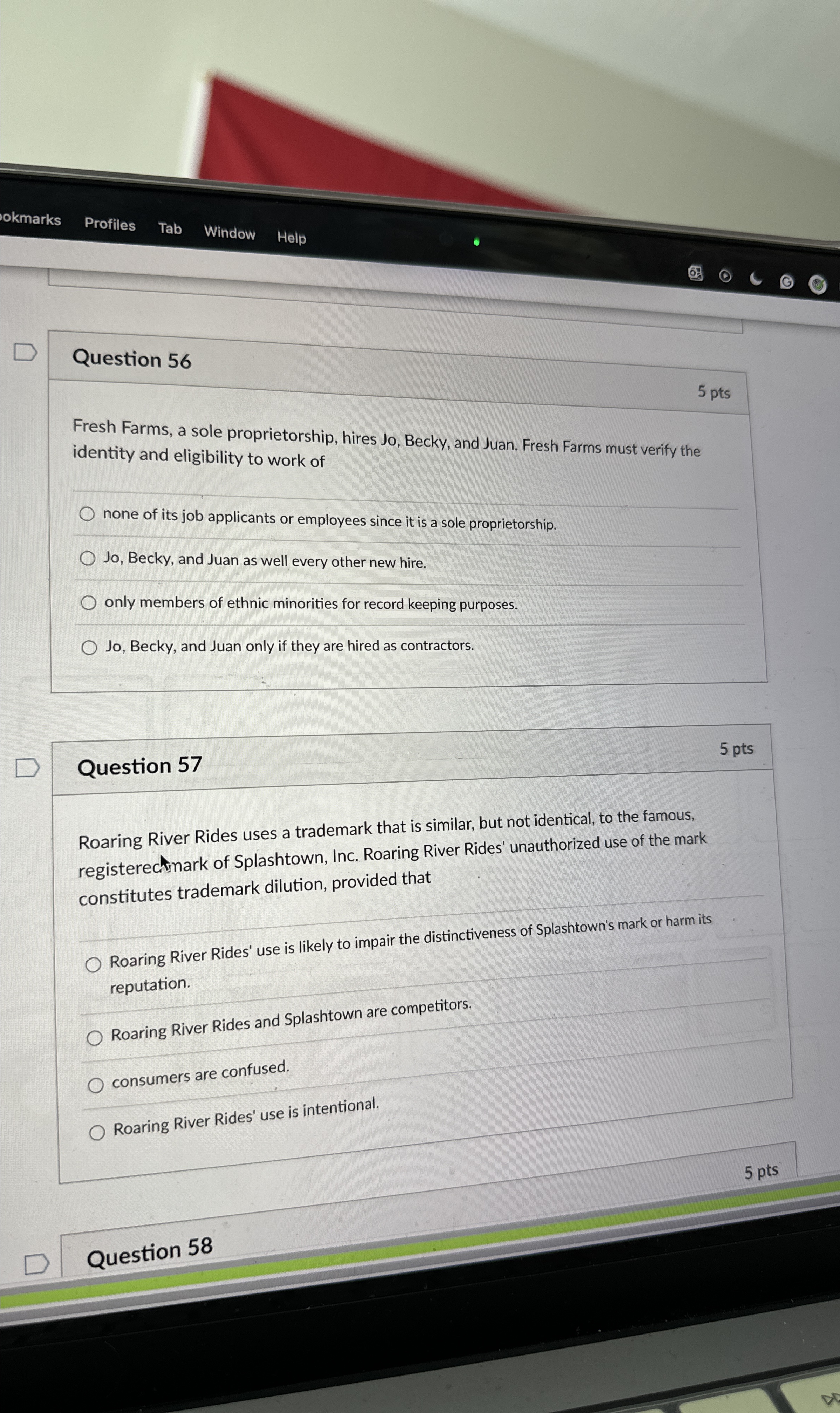  Profiles Tab Window Help Question 56 5 pts Fresh Farms, a