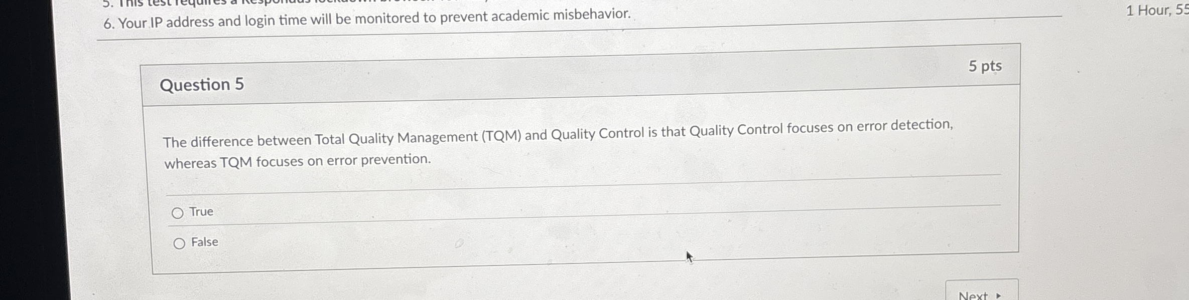 Question 5 The difference between Total Quality Management (TQM) and Quality