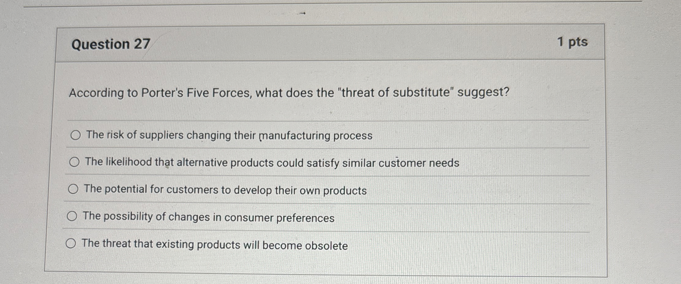  Question 27 According to Porter's Five Forces, what does the "threat