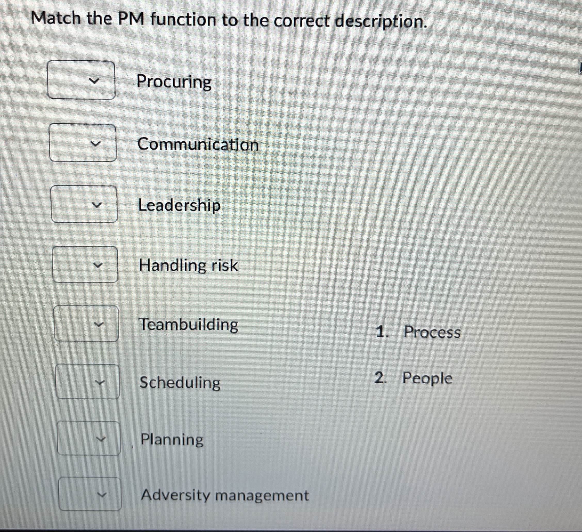  Match the PM function to the correct description. Procuring Communication Leadership