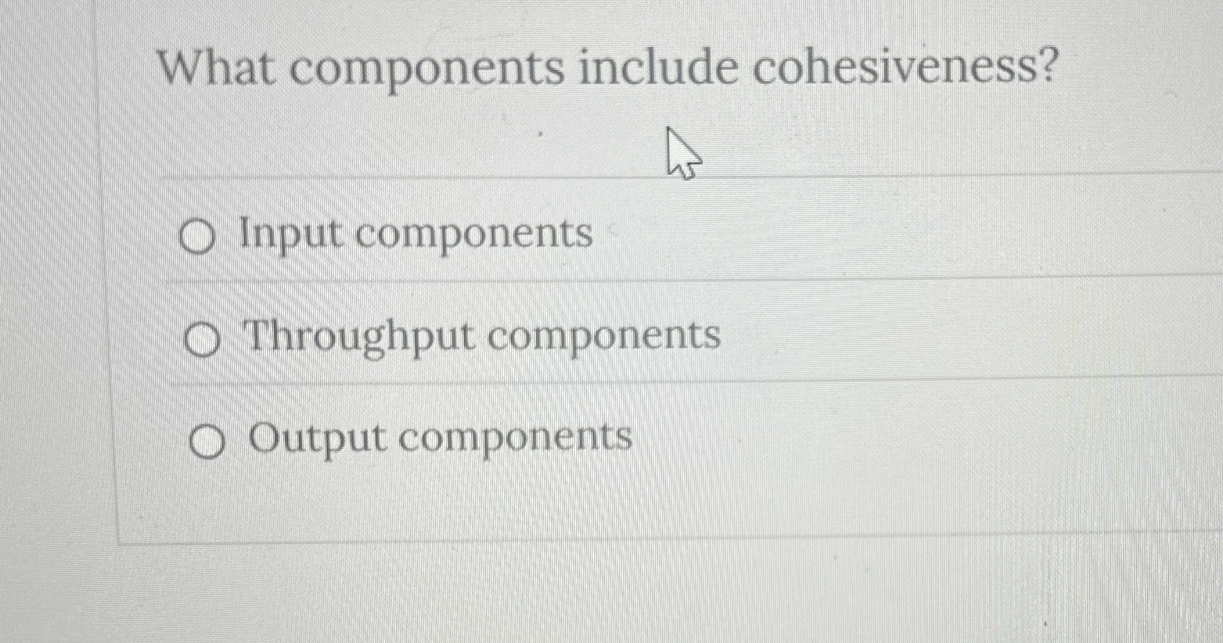  What components include cohesiveness? Input components Throughput components Output components 