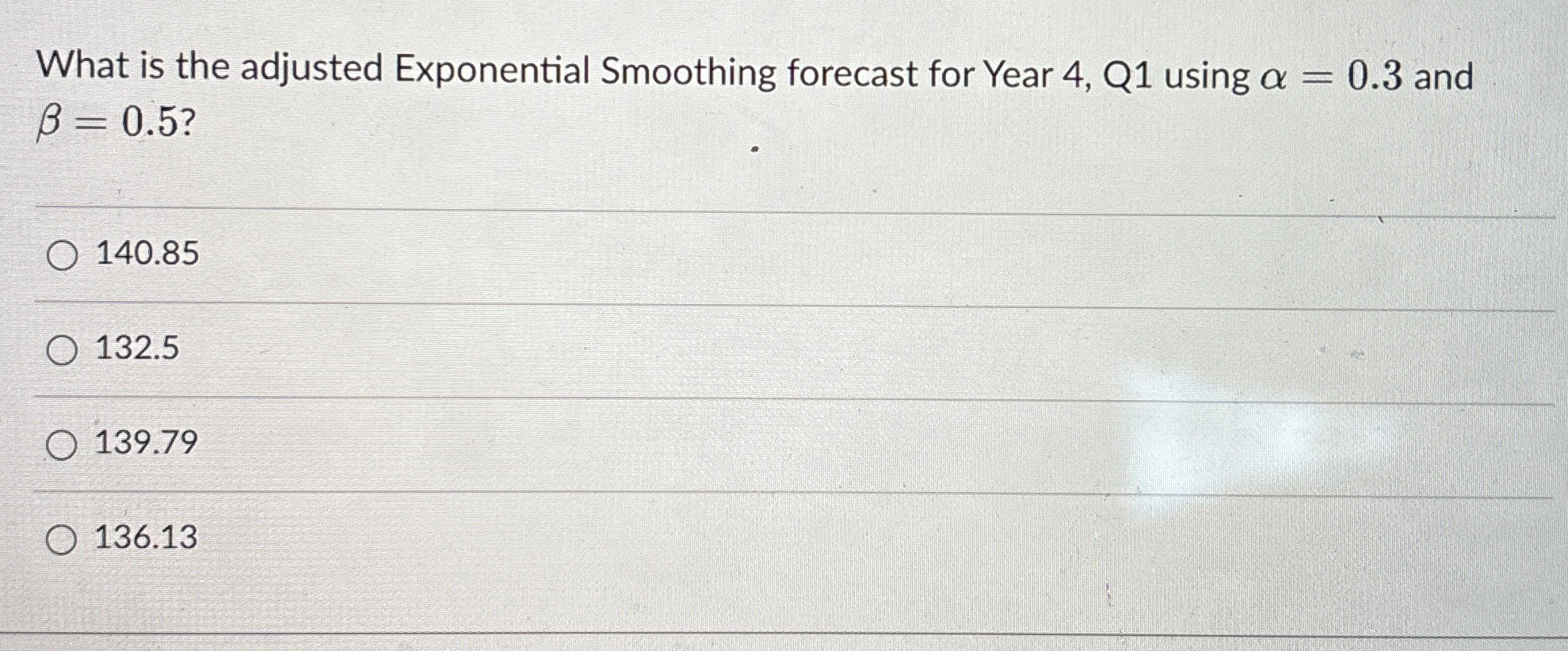  Given the following demand data \table[[Year,Quarter,Demand],[1,1,105],[2,150],[3,93],[4,121],[2,1,140],[2,170],[3,105],[4,150],[3,1,200],[2,170],[3,110],[4,130]] What is the adjusted Exponential