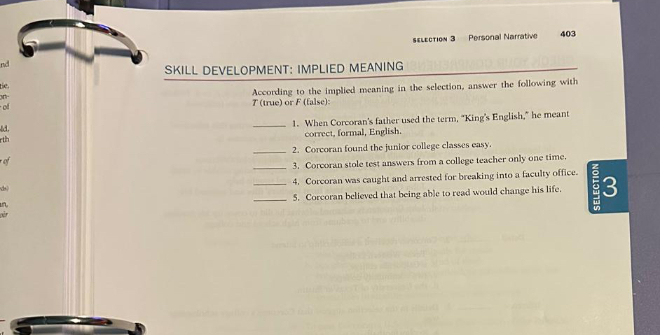  SELECTION 3 Personal Narrative 403 SKILL DEVELOPMENT: IMPLIED MEANING According to