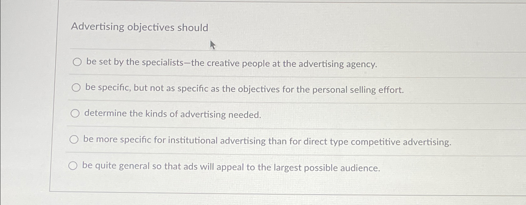  Advertising objectives should be set by the specialists-the creative people at