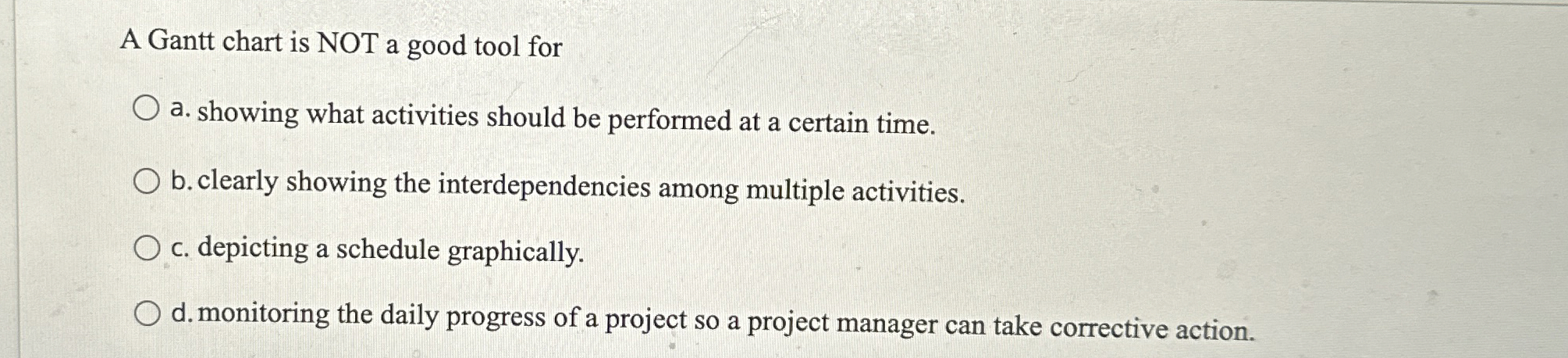  A Gantt chart is NOT a good tool for a. showing
