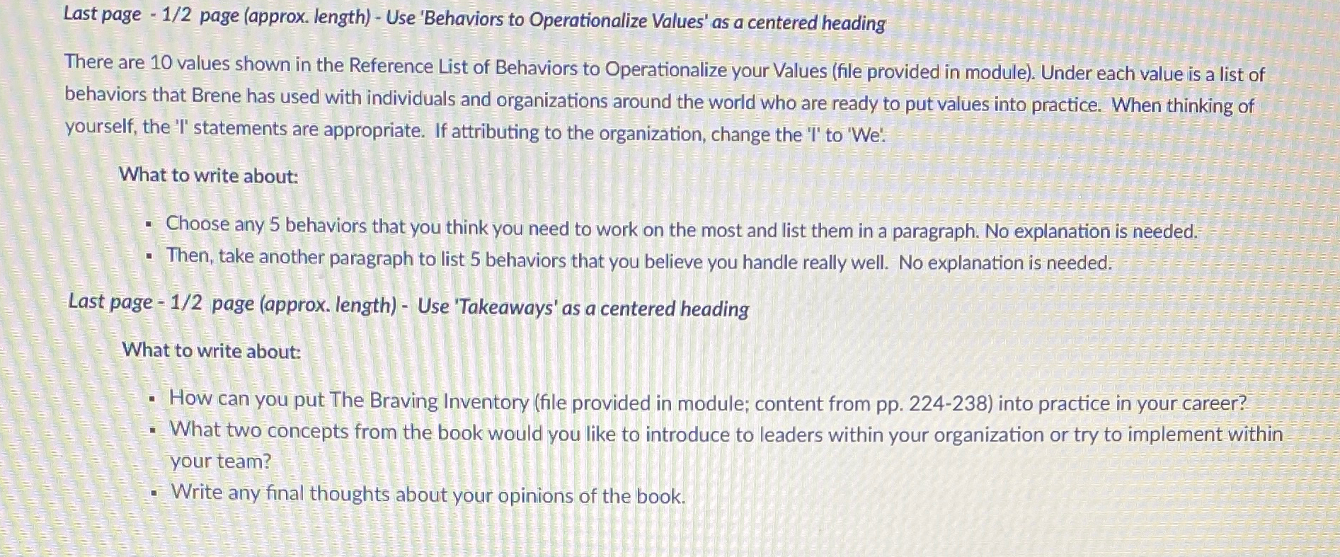  Last page -1/2 page (approx. length)- Use 'Behaviors to Operationalize Values'