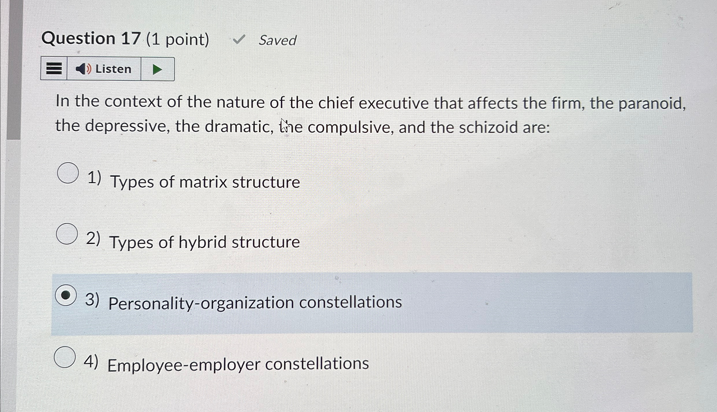  Question 17(1 point) Saved In the context of the nature of