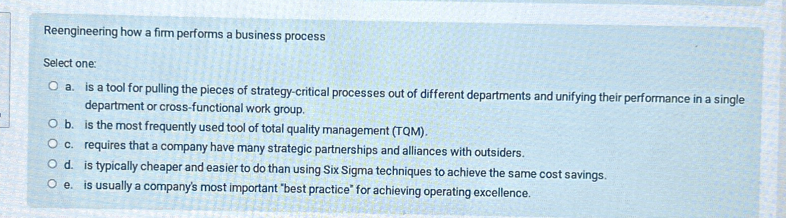  Reengineering how a firm performs a business process Select one: a.